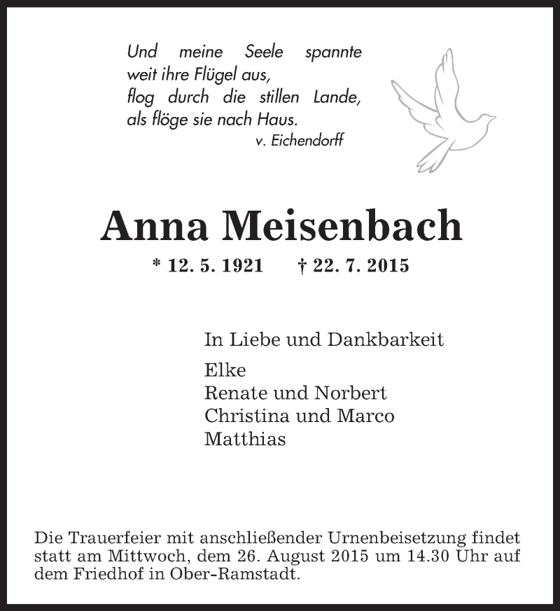  Traueranzeige für Anna Meisenbach vom 22.08.2015 aus trauer.echo-online.de