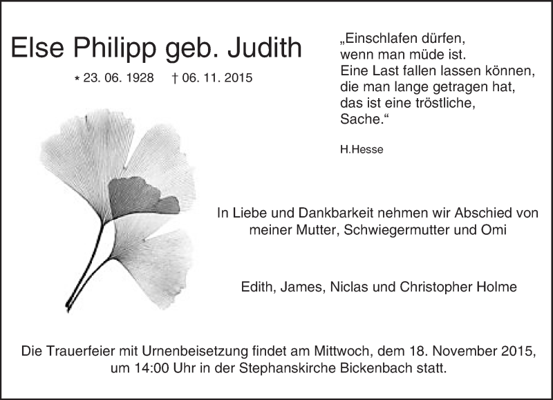  Traueranzeige für Else Philipp vom 14.11.2015 aus trauer.echo-online.de
