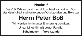 Traueranzeige von Peter Boß von Rüsselsheimer Echo, Groß-Gerauer-Echo, Ried Echo