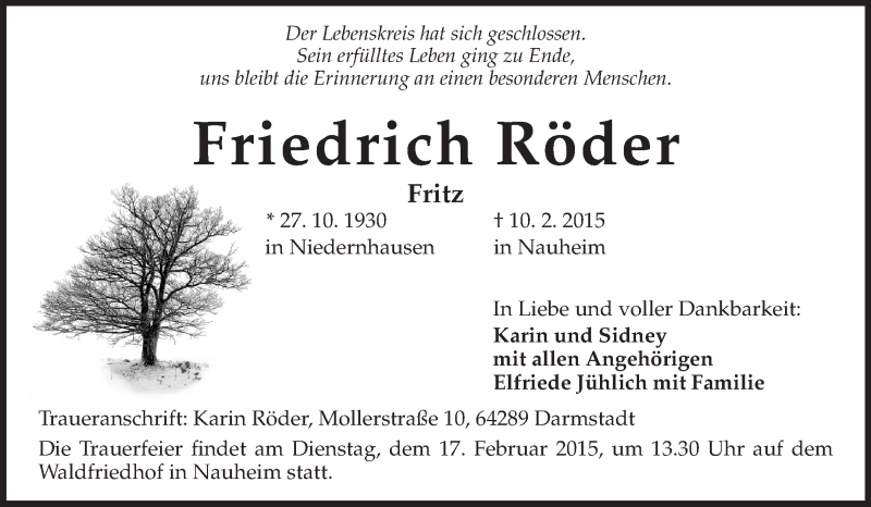  Traueranzeige für Friedrich Röder vom 13.02.2015 aus Echo-Zeitungen (Gesamtausgabe)