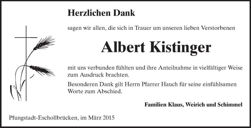 Traueranzeige für Albert Kistinger vom 21.03.2015 aus Echo-Zeitungen (Gesamtausgabe)