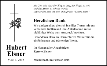 Traueranzeige von Hubert Elsner von Odenwälder Echo