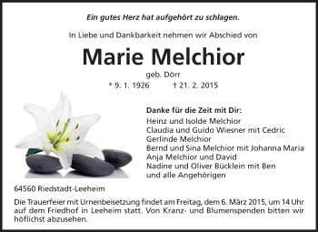 Traueranzeige von Marie Melchior von Rüsselsheimer Echo, Groß-Gerauer-Echo, Ried Echo