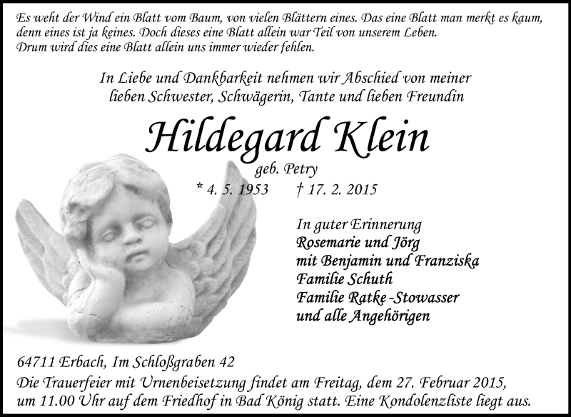  Traueranzeige für Hildegard Klein vom 21.02.2015 aus Odenwälder Echo