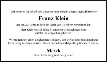 Traueranzeige von Franz Klein von Echo-Zeitungen (Gesamtausgabe)