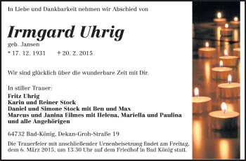 Traueranzeige von Irmgard Uhrig von Odenwälder Echo
