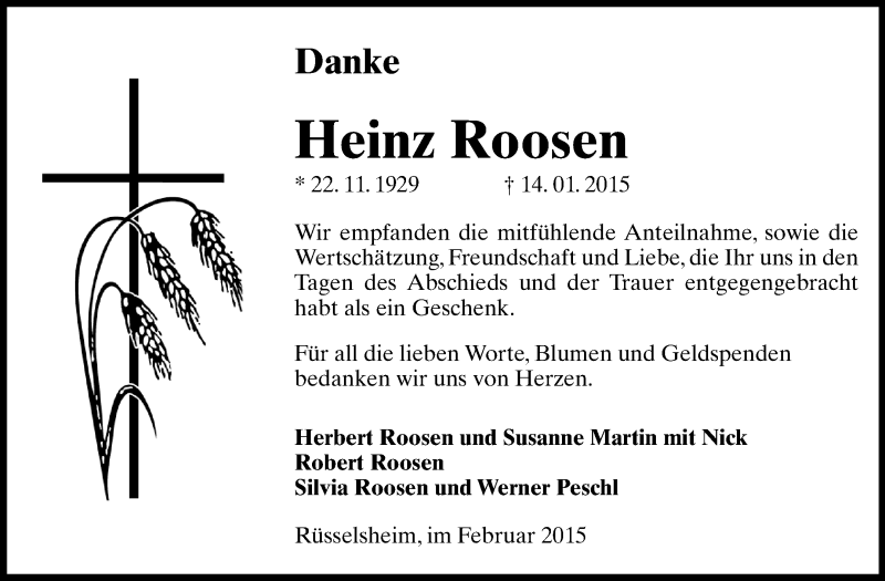  Traueranzeige für Heinz Roosen vom 14.02.2015 aus Rüsselsheimer Echo, Groß-Gerauer-Echo, Ried Echo