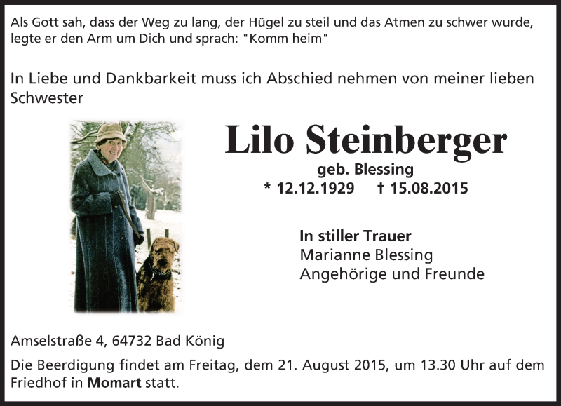  Traueranzeige für Lilo Steinberger vom 19.08.2015 aus trauer.echo-online.de