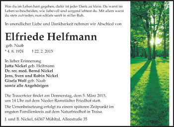 Traueranzeige von Elfriede Helfmann von Echo-Zeitungen (Gesamtausgabe)