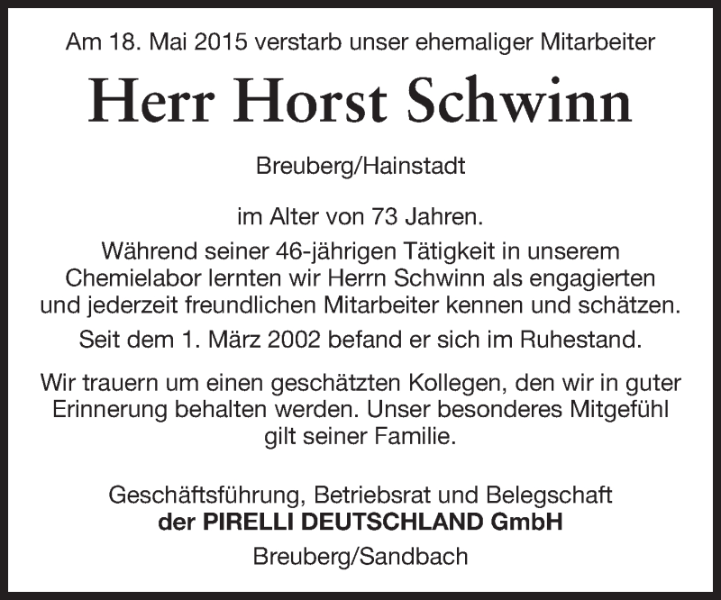  Traueranzeige für Horst Schwinn vom 29.05.2015 aus Odenwälder Echo