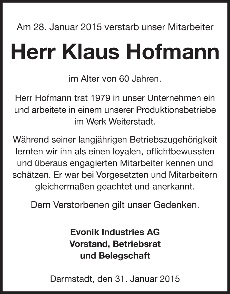  Traueranzeige für Klaus Hofmann vom 31.01.2015 aus Echo-Zeitungen (Gesamtausgabe)