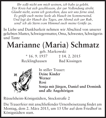 Traueranzeige von Marianne Schmatz von Rüsselsheimer Echo, Groß-Gerauer-Echo, Ried Echo