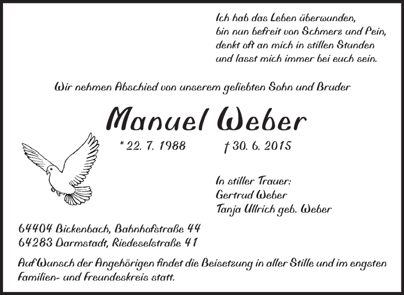  Traueranzeige für Manuel Weber vom 09.07.2015 aus Echo-Zeitungen (Gesamtausgabe)