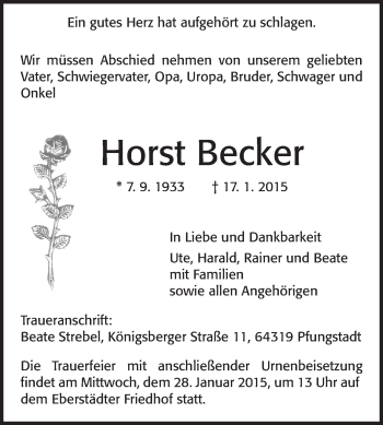 Traueranzeige von Horst Becker von Echo-Zeitungen (Gesamtausgabe)