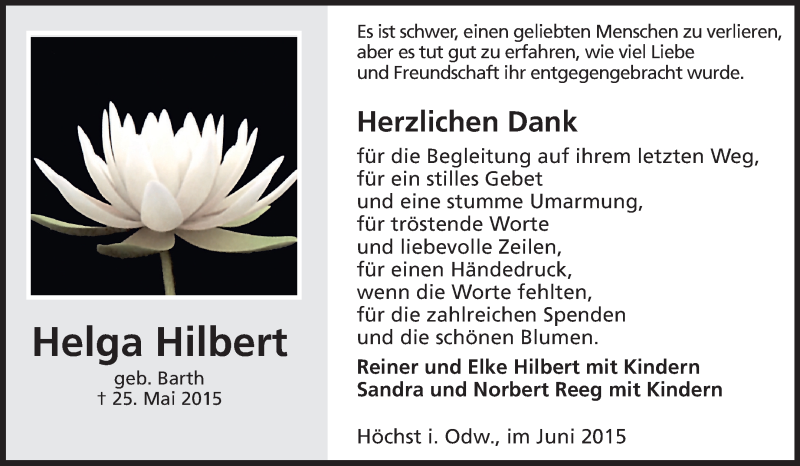  Traueranzeige für Helga Hilbert vom 20.06.2015 aus Echo-Zeitungen (Gesamtausgabe)