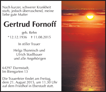 Traueranzeige von Gertrud Fornoff von trauer.echo-online.de