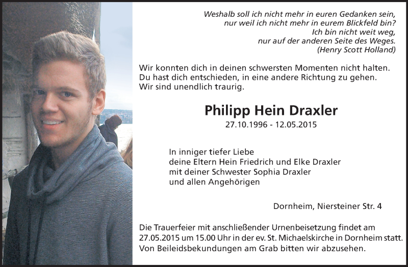  Traueranzeige für Philipp Hein Draxler vom 20.05.2015 aus Rüsselsheimer Echo, Groß-Gerauer-Echo, Ried Echo