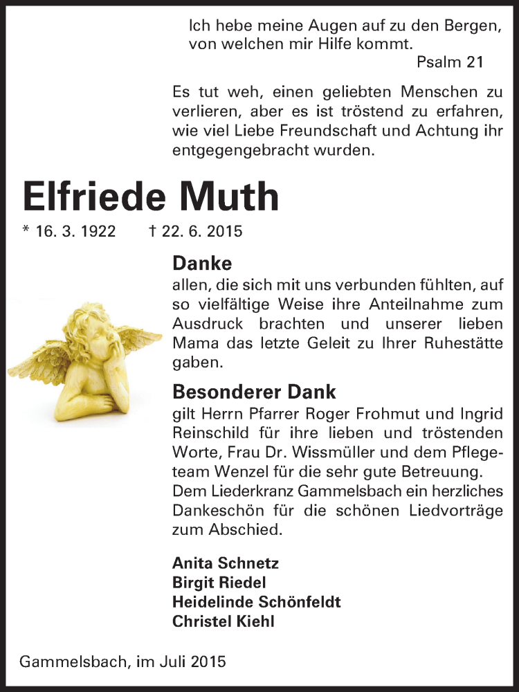  Traueranzeige für Elfriede Muth vom 18.07.2015 aus Odenwälder Echo