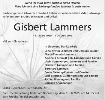 Traueranzeige von Gisbert Lammers von Echo-Zeitungen (Gesamtausgabe)