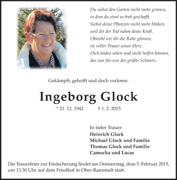 Traueranzeige von Ingeborg Glock von Darmstädter Echo, Odenwälder Echo, Rüsselsheimer Echo, Groß-Gerauer-Echo, Ried Echo