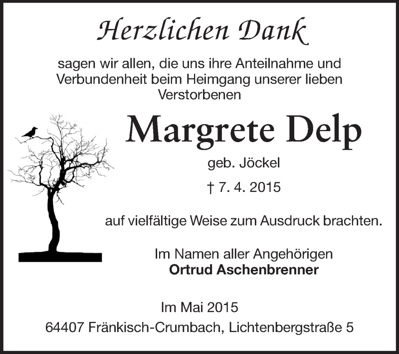  Traueranzeige für Margrete Delp vom 09.05.2015 aus Odenwälder Echo