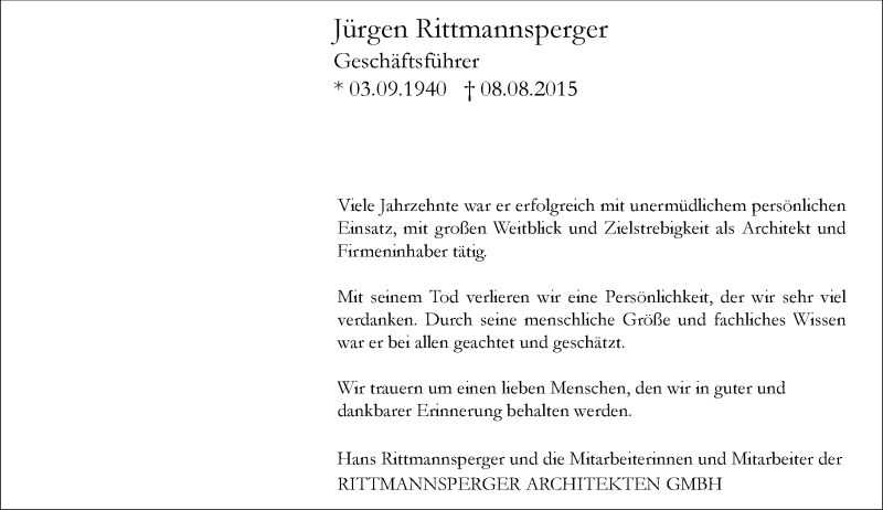  Traueranzeige für Jürgen Rittmannsperger vom 15.08.2015 aus trauer.echo-online.de