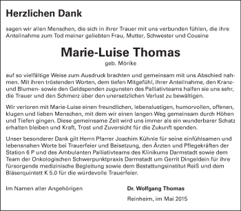 Traueranzeige von Marie-Luise Thomas von Echo-Zeitungen (Gesamtausgabe)