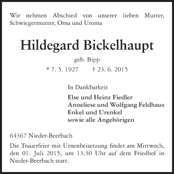 Traueranzeige von Hildegard Bickelhaupt von Echo-Zeitungen (Gesamtausgabe)