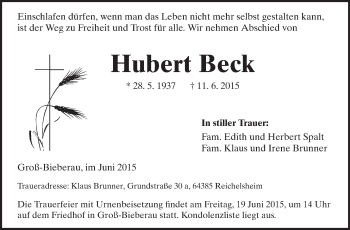 Traueranzeige von Hubert Beck von Darmstädter Echo, Odenwälder Echo, Rüsselsheimer Echo, Groß-Gerauer-Echo, Ried Echo