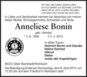 Traueranzeige von Anneliese Bonin von Echo-Zeitungen (Gesamtausgabe)