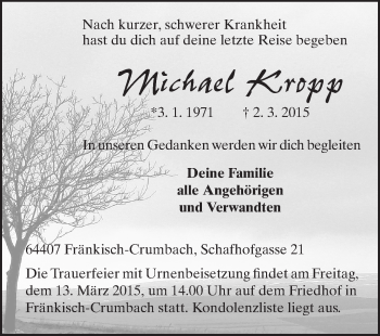 Traueranzeige von Michael Kropp von Odenwälder Echo