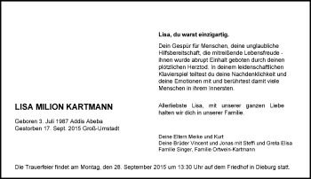 Traueranzeige von Lisa Milion Kartmann von trauer.echo-online.de