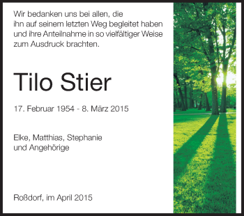 Traueranzeige von Tilo Stier von Echo-Zeitungen (Gesamtausgabe)
