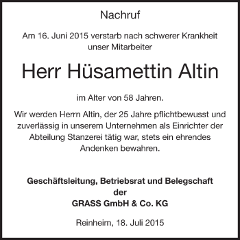 Traueranzeige von Hüsamettin Altin von Echo-Zeitungen (Gesamtausgabe)