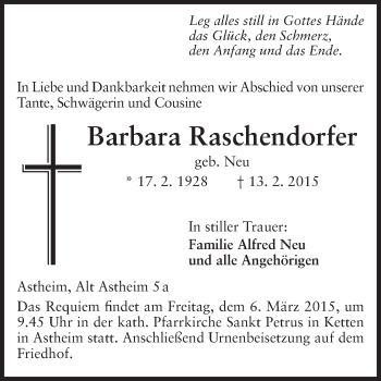 Traueranzeige von Barbara Raschendorfer von Rüsselsheimer Echo, Groß-Gerauer-Echo, Ried Echo