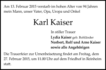 Traueranzeige von Karl Kaiser von Darmstädter Echo, Odenwälder Echo, Rüsselsheimer Echo, Groß-Gerauer-Echo, Ried Echo