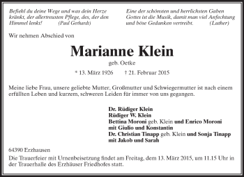 Traueranzeige von Marianne Klein von Echo-Zeitungen (Gesamtausgabe)