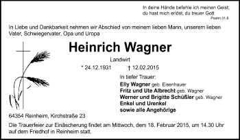 Traueranzeige von Heinrich Wagner von Darmstädter Echo, Odenwälder Echo, Rüsselsheimer Echo, Groß-Gerauer-Echo, Ried Echo