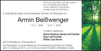 Traueranzeige von Armin Beißwenger von Rüsselsheimer Echo, Groß-Gerauer-Echo, Ried Echo