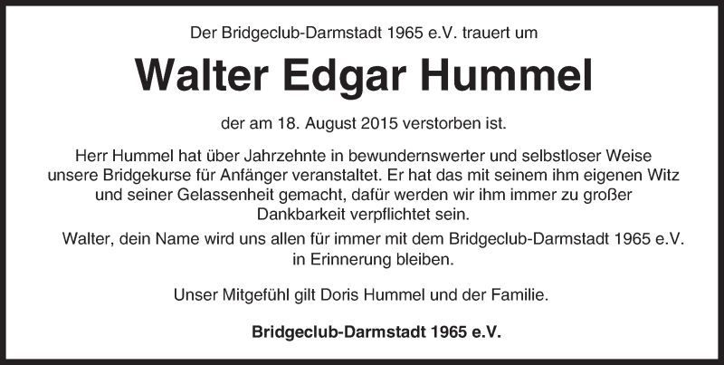  Traueranzeige für Walter Edgar Hummel vom 28.08.2015 aus Darmstädter Echo