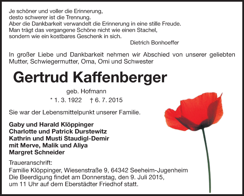  Traueranzeige für Gertrud Kaffenberger vom 07.07.2015 aus Echo-Zeitungen (Gesamtausgabe)