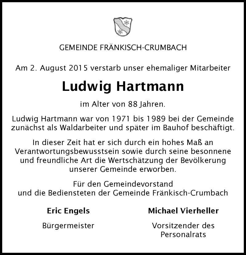  Traueranzeige für Ludwig Hartmann vom 08.08.2015 aus trauer.echo-online.de