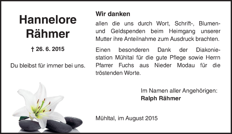  Traueranzeige für Hannelore Rähmer vom 01.08.2015 aus trauer.echo-online.de