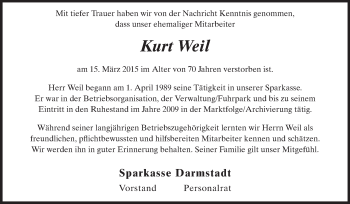Traueranzeige von Kurt Weil von Echo-Zeitungen (Gesamtausgabe)