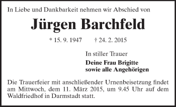 Traueranzeige von Jürgen Barchfeld von Echo-Zeitungen (Gesamtausgabe)