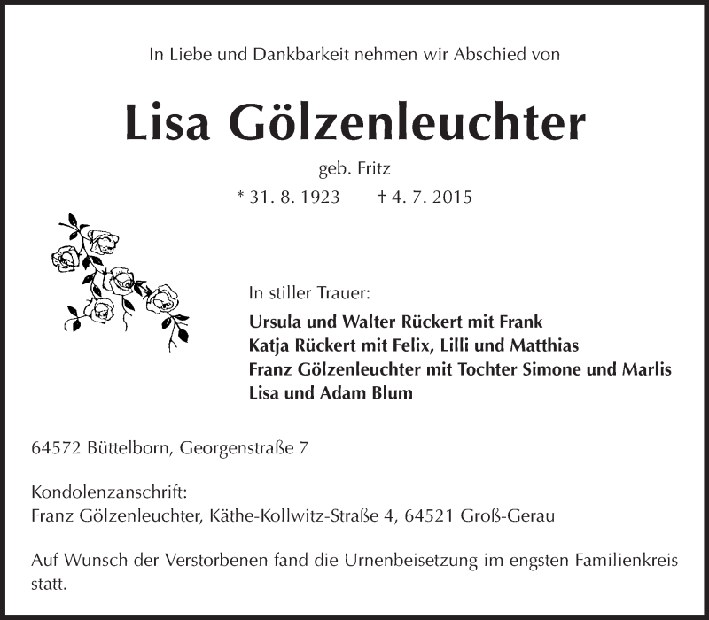  Traueranzeige für Lisa Gölzenleuchter vom 16.07.2015 aus Rüsselsheimer Echo, Groß-Gerauer-Echo, Ried Echo