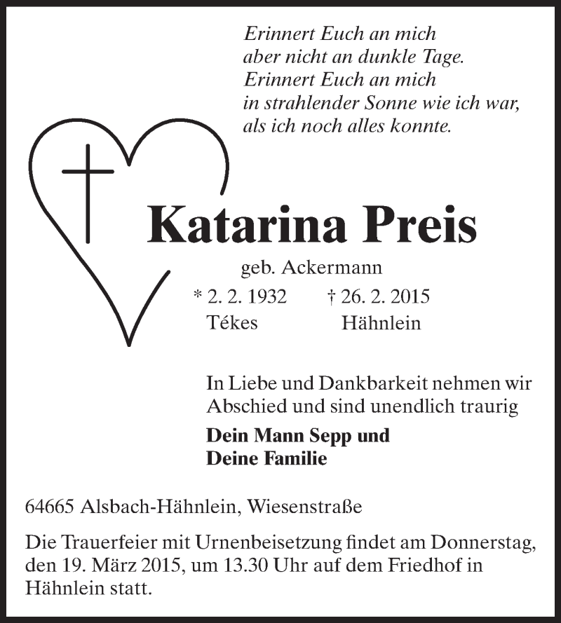  Traueranzeige für Katarina Preis vom 07.03.2015 aus Echo-Zeitungen (Gesamtausgabe)
