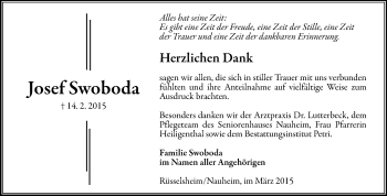 Traueranzeige von Josef Swoboda von Rüsselsheimer Echo, Groß-Gerauer-Echo, Ried Echo