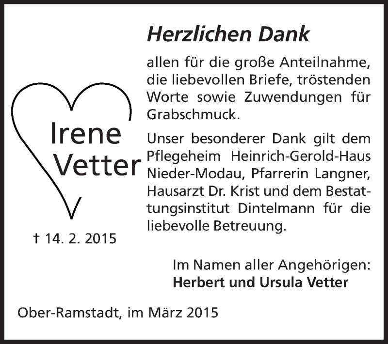  Traueranzeige für Irene Vetter vom 14.03.2015 aus Echo-Zeitungen (Gesamtausgabe)