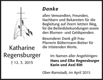 Traueranzeige von Katharine Regensburger von Darmstädter Echo, Odenwälder Echo, Rüsselsheimer Echo, Groß-Gerauer-Echo, Ried Echo